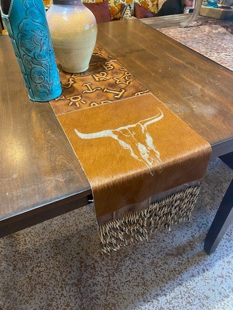Cow Skull Laser Engraved Table Runner with Twisteed Fringe