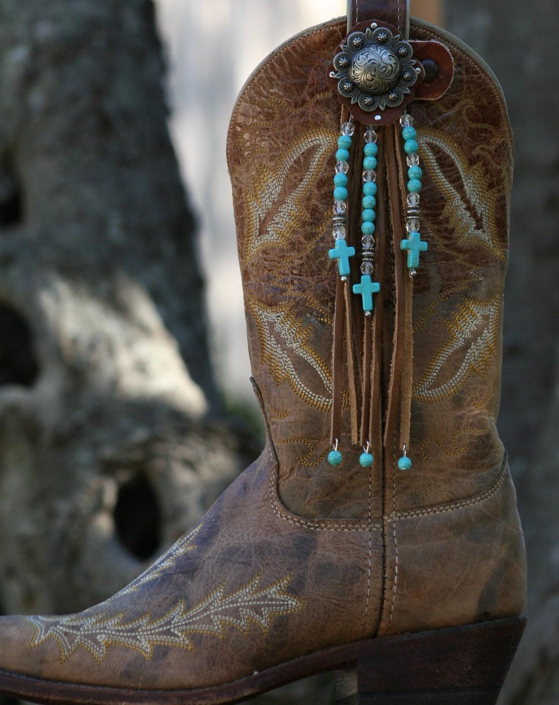 Boot Candy Toppers Turquoise Crosses and Fringe