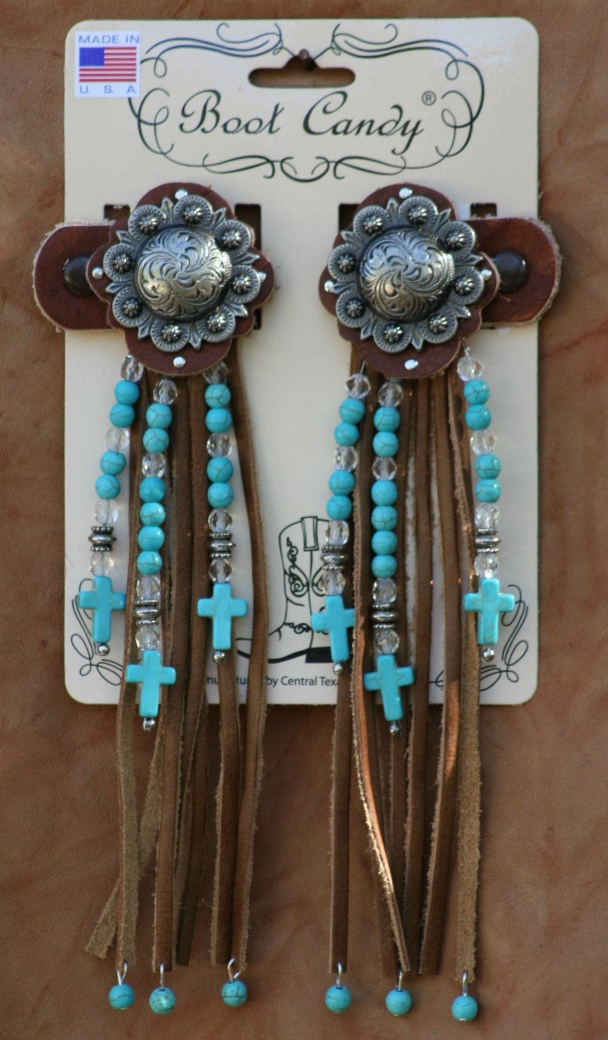 Boot Candy Toppers Turquoise Crosses and Fringe