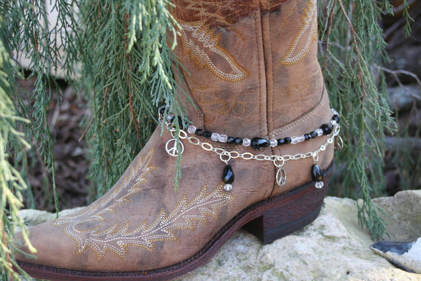 Boot Candy Black Crystals and Peace with Chain 608112 Boot Jewelry-Boot Bling-Boot Bracelet-Boot Accessories