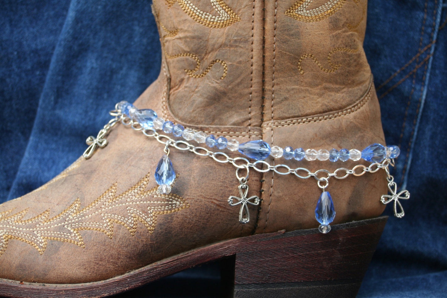 Boot Candy Lt. Sapphire Crystals and Crosses with Chain 608114 Boot Jewelry-Boot Bling-Boot Bracelet-Boot Accessories