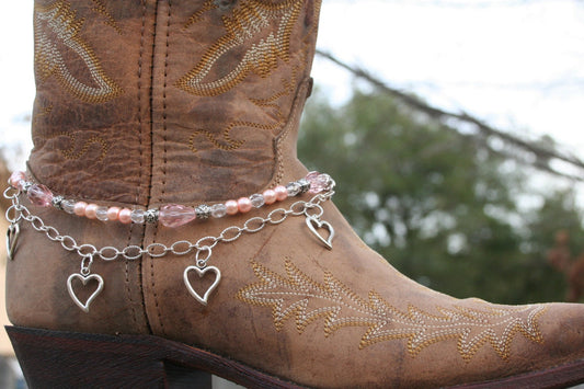 Boot Candy Pink Pearls and Hearts with Chain   608126  Boot Jewelry-Boot Bling-Boot Bracelet-Boot Accessories