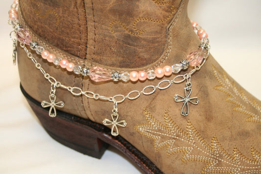 Boot Candy Pink Pearls and Crosses with Chain  608127  Boot Jewelry-Boot Bling-Boot Bracelet-Boot Accessories