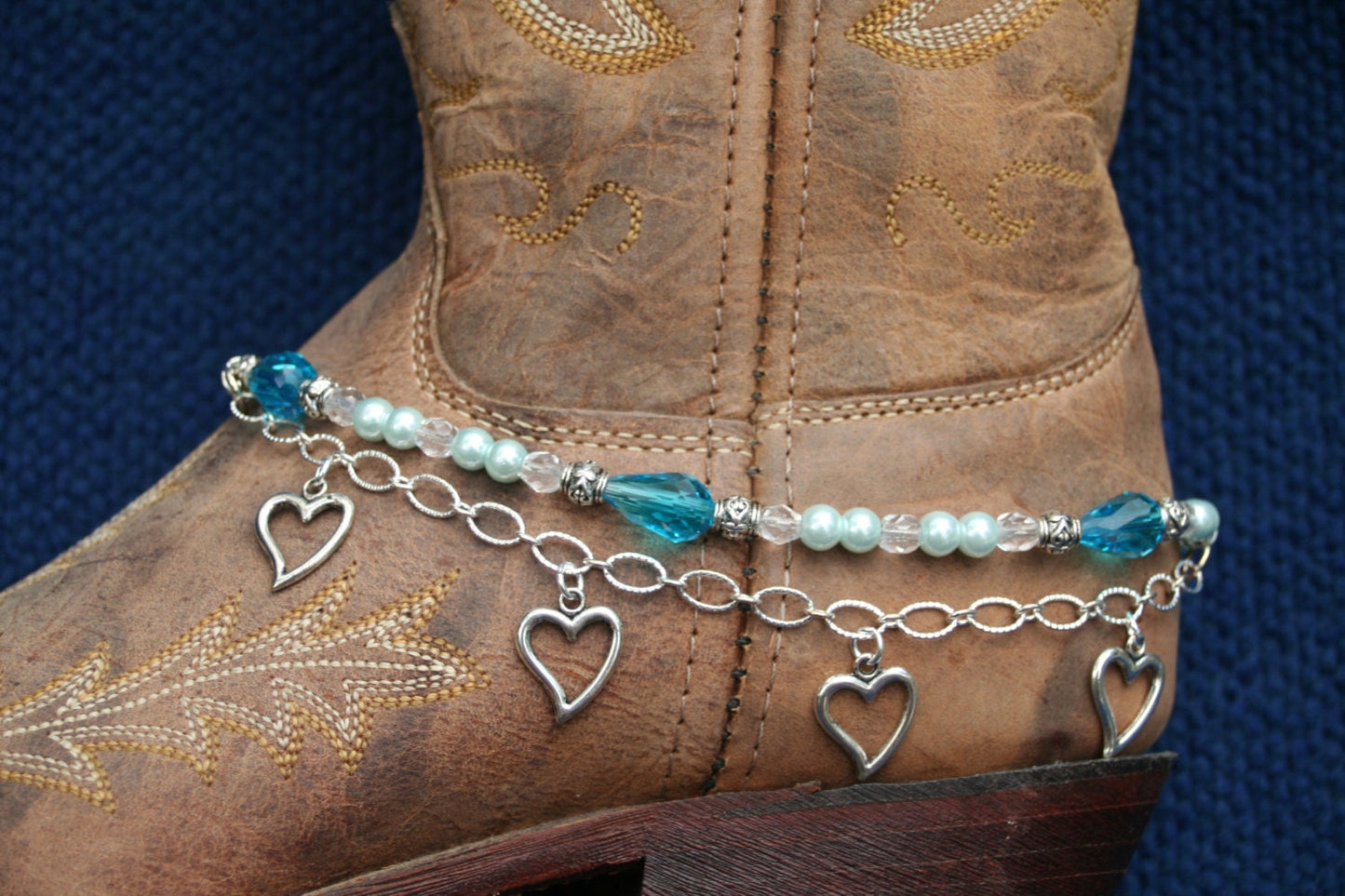Boot Candy Sapphire Pearls and Hearts with Chain 608130 Boot Jewelry-Boot Bling-Boot Bracelet-Boot Accessories