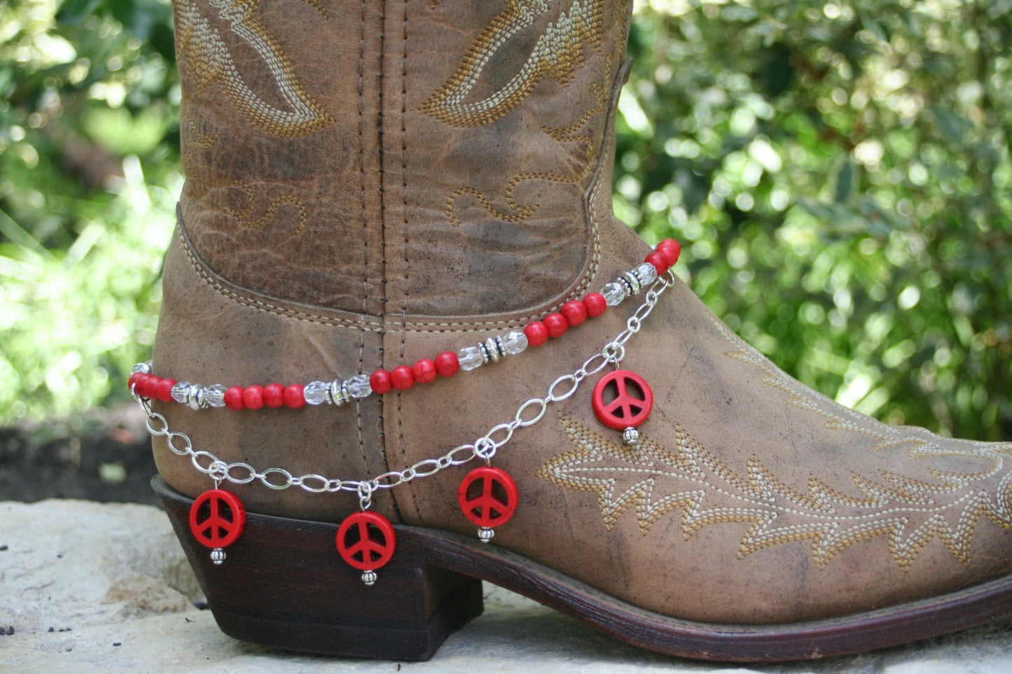 Boot Candy Naturals, Red Peace with Chain 608135 Boot Jewelry-Boot Bling-Boot Bracelet-Boot Accessories