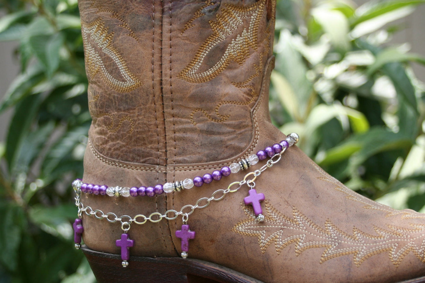 Boot Candy Naturals, Purple Crosses with Chain 608137 Boot Jewelry-Boot Bling-Boot Bracelet-Boot Accessories