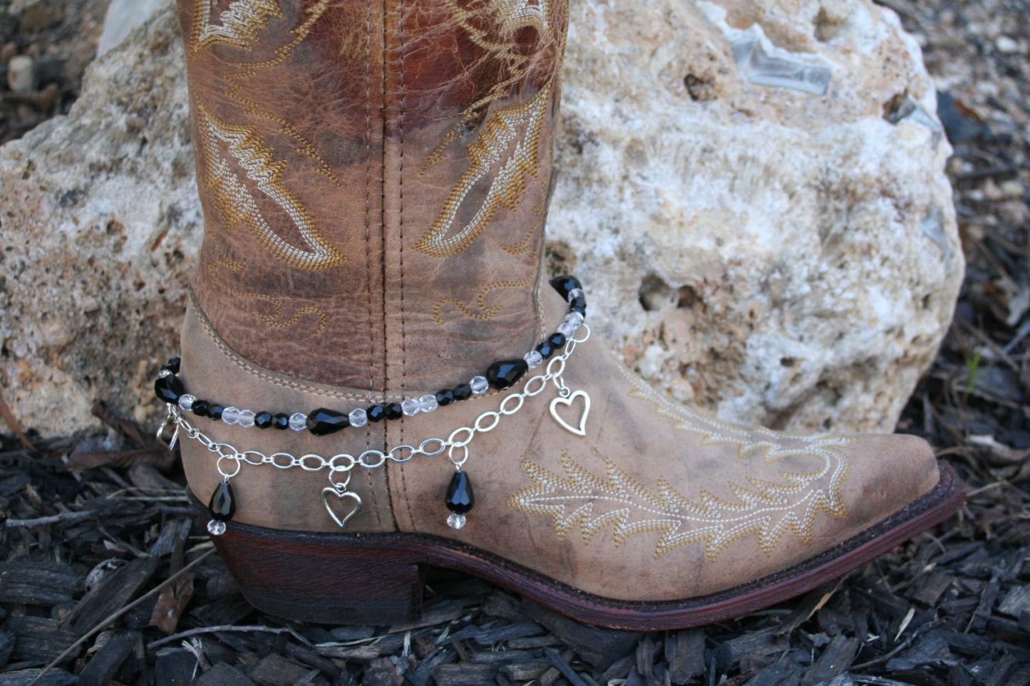 Boot Candy Black Crystals and Hearts with Chain 608113 Boot Jewelry-Boot Bling-Boot Bracelet-Boot Accessories