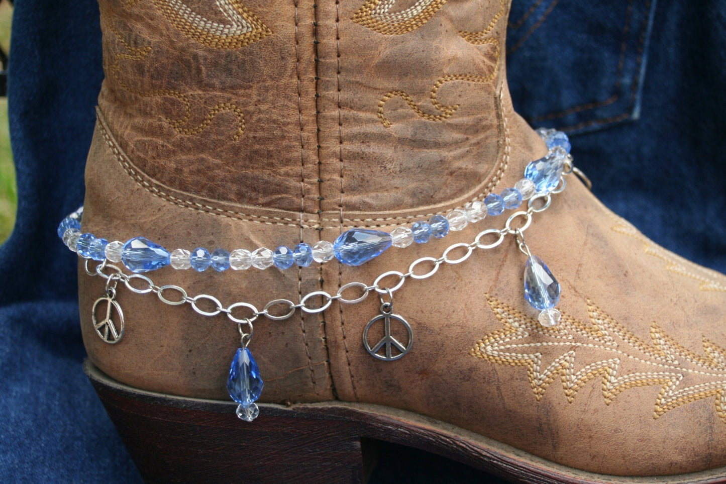 Boot Candy Lt. Sapphire Crystals and Peace with Chain 608115 Boot Jewelry-Boot Bling-Boot Bracelet-Boot Accessories