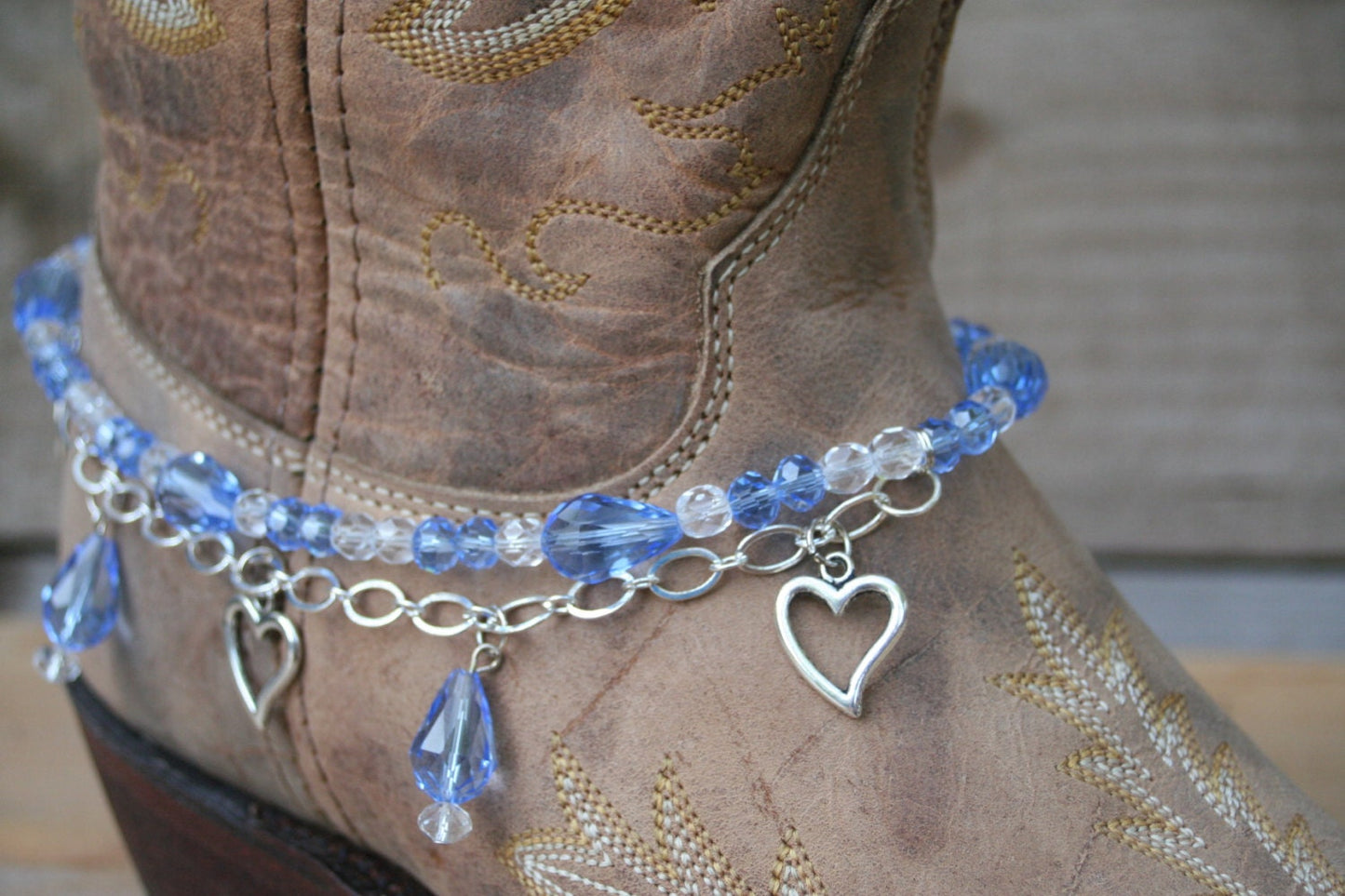 Boot Candy Lt. Sapphire Crystals and Hearts with Chain 608116 Boot Jewelry-Boot Bling-Boot Bracelet-Boot Accessories