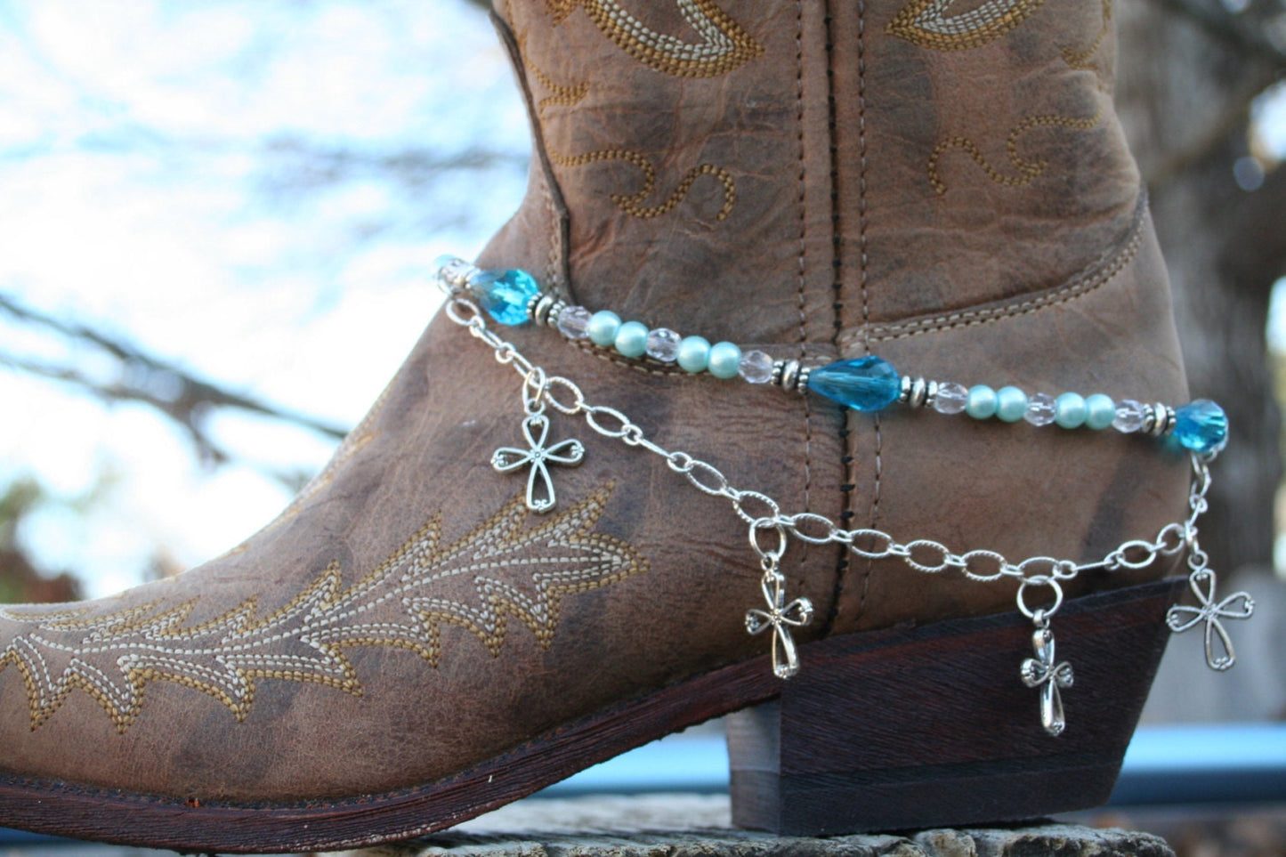 Boot Candy Sapphire Pearls and Crosses with Chain 608131 Boot Jewelry-Boot Bling-Boot Bracelet-Boot Accessories