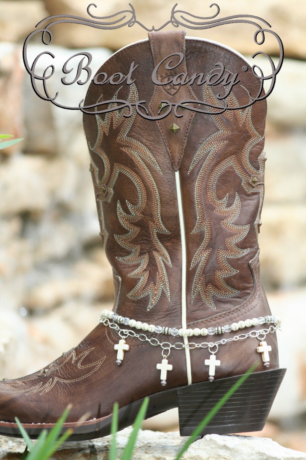 Boot Candy Naturals, White Crosses with Chain 608138 Boot Jewelry-Boot Bling-Boot Bracelet-Boot Accessories