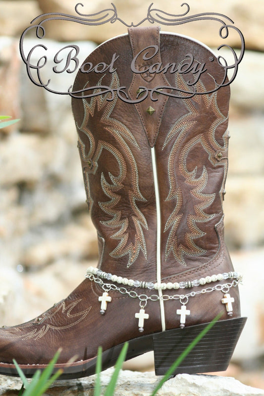 Boot Candy Naturals, White Crosses with Chain  608138  Boot Jewelry-Boot Bling-Boot Bracelet-Boot Accessories