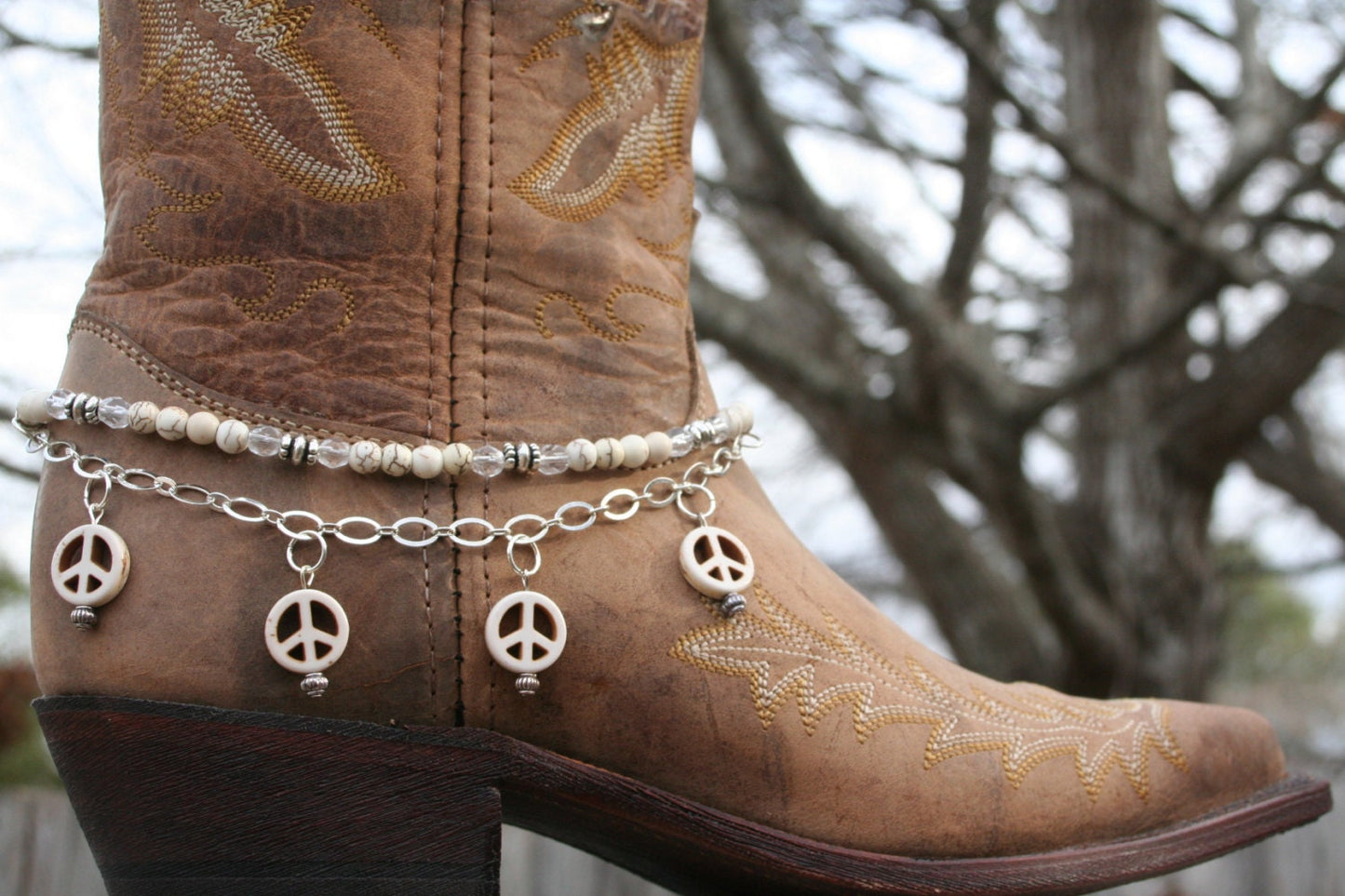Boot Candy Naturals, White Peace with Chain 608139 Boot Jewelry-Boot Bling-Boot Bracelet-Boot Accessories