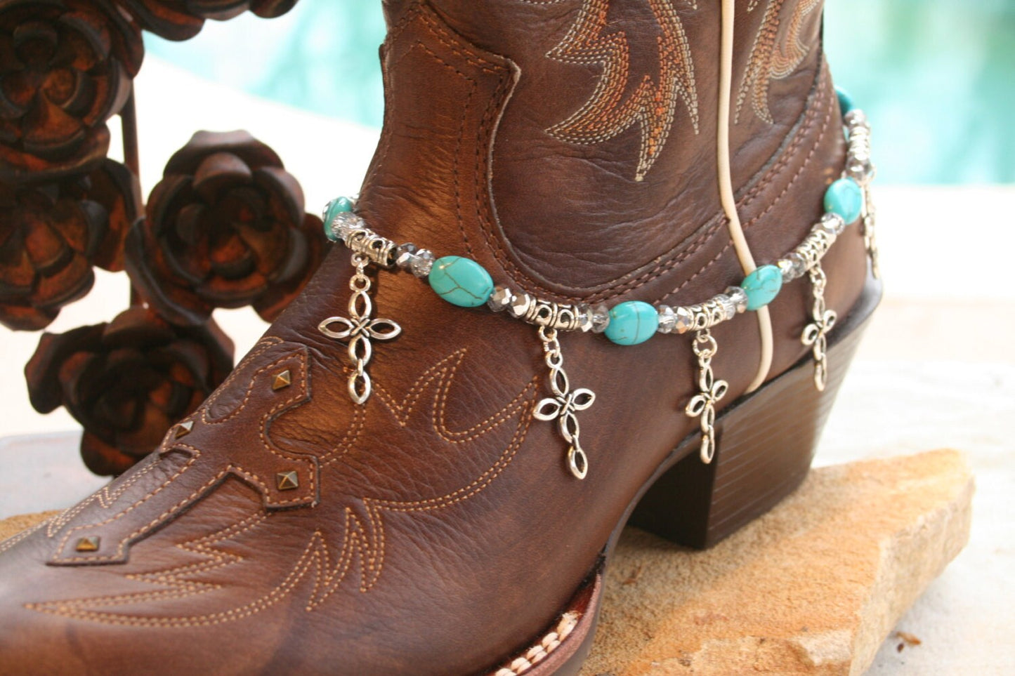 Boot Candy Turquoise Ovals with Oval Design Crosses 608143 Boot Jewelry-Boot Bling-Boot Bracelet-Boot Accessories