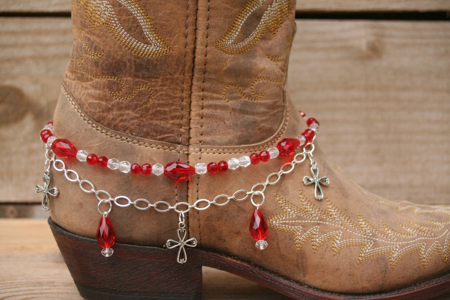 Boot Candy Red Crystals and Crosses with Chain 608156 Boot Jewelry-Boot Bling-Boot Bracelet-Boot Accessories