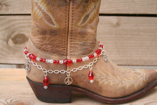 Boot Candy Red Crystals and Peace with Chain  608157  Boot Jewelry-Boot Bling-Boot Bracelet-Boot Accessories