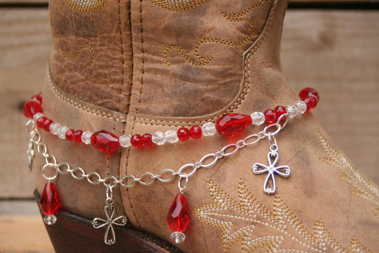 Boot Candy Red Crystals and Crosses with Chain 608156 Boot Jewelry-Boot Bling-Boot Bracelet-Boot Accessories