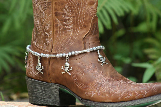 Boot Candy Biker, Gun Metal Pearls and Clear Crystals with Skull &Bone Design  608175 Boot Jewelry-Boot Bling-Boot Bracelet-Boot Accessories