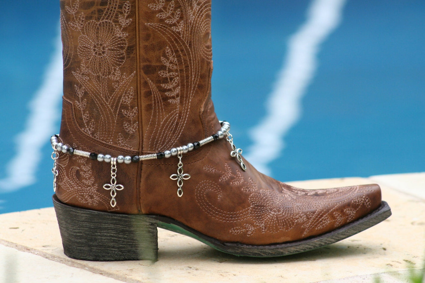 Boot Candy Biker, Gun Metal Pearl and Black Crystals with Oval Cross Design 608177 Boot Jewelry-Boot Bling-Boot Bracelet-Boot Accessories