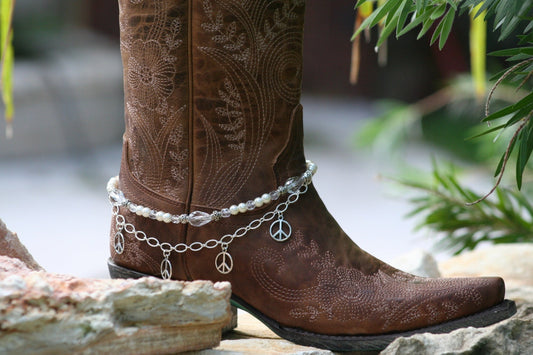 Boot Candy White Pearls and Peace with Chain   608180  Boot Jewelry-Boot Bling-Boot Bracelet-Boot Accessories