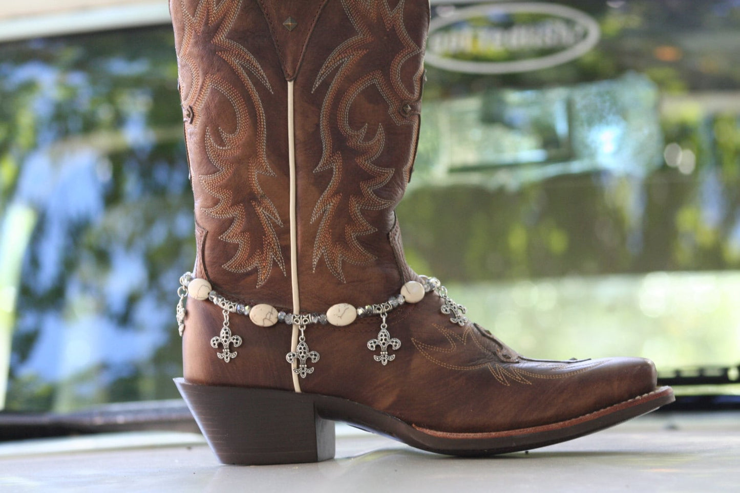 Boot Candy White Ovals with Fleur De Lis Design 608184 Boot Jewelry-Boot Bling-Boot Bracelet-Boot Accessories