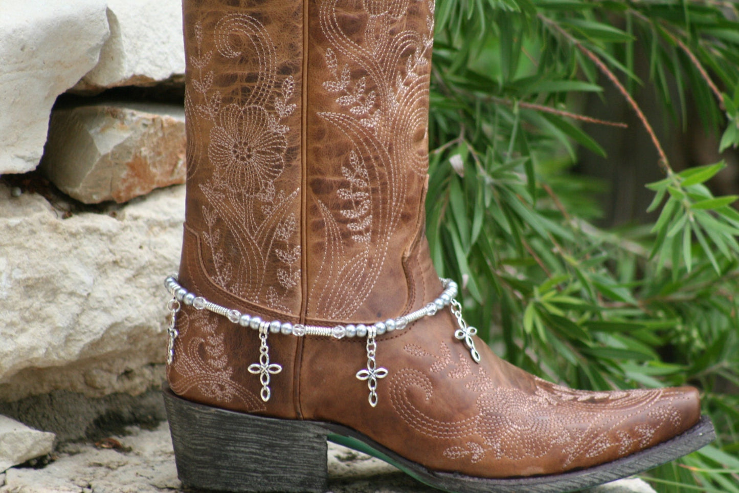 Boot Candy Biker, Gun Metal Pearl and Clear Crystals with Oval Design Crosses 608172 Boot Jewelry-Boot Bling-Boot Bracelet-Boot Accessories
