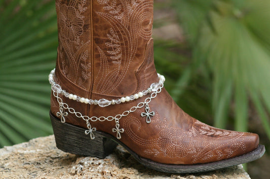 Boot candy White Pearls and Crosses with Chain   608174 Boot Jewelry-Boot Bling-Boot Bracelet-Boot Accessories