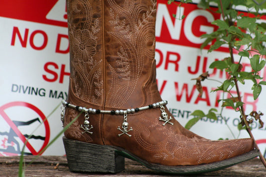 Boot Candy Biker, Gun Metal Pearls and Black Crystals with Skull&Bones Design  608176 Boot Jewelry-Boot Bling-Boot Bracelet-Boot Accessories