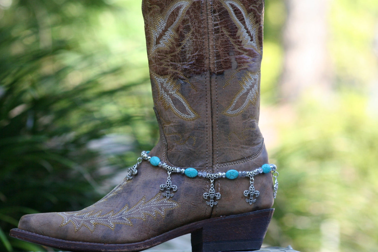 Boot Candy Turquoise Ovals with Fleur De Lis Design 608183 Boot Jewelry-Boot Bling-Boot Bracelet-Boot Accessories