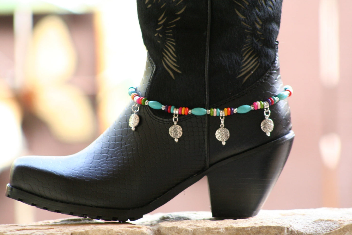 Boot Candy Aztec Inflienced Design Turquoise Beads with Medallions and Multi Colored Accents.