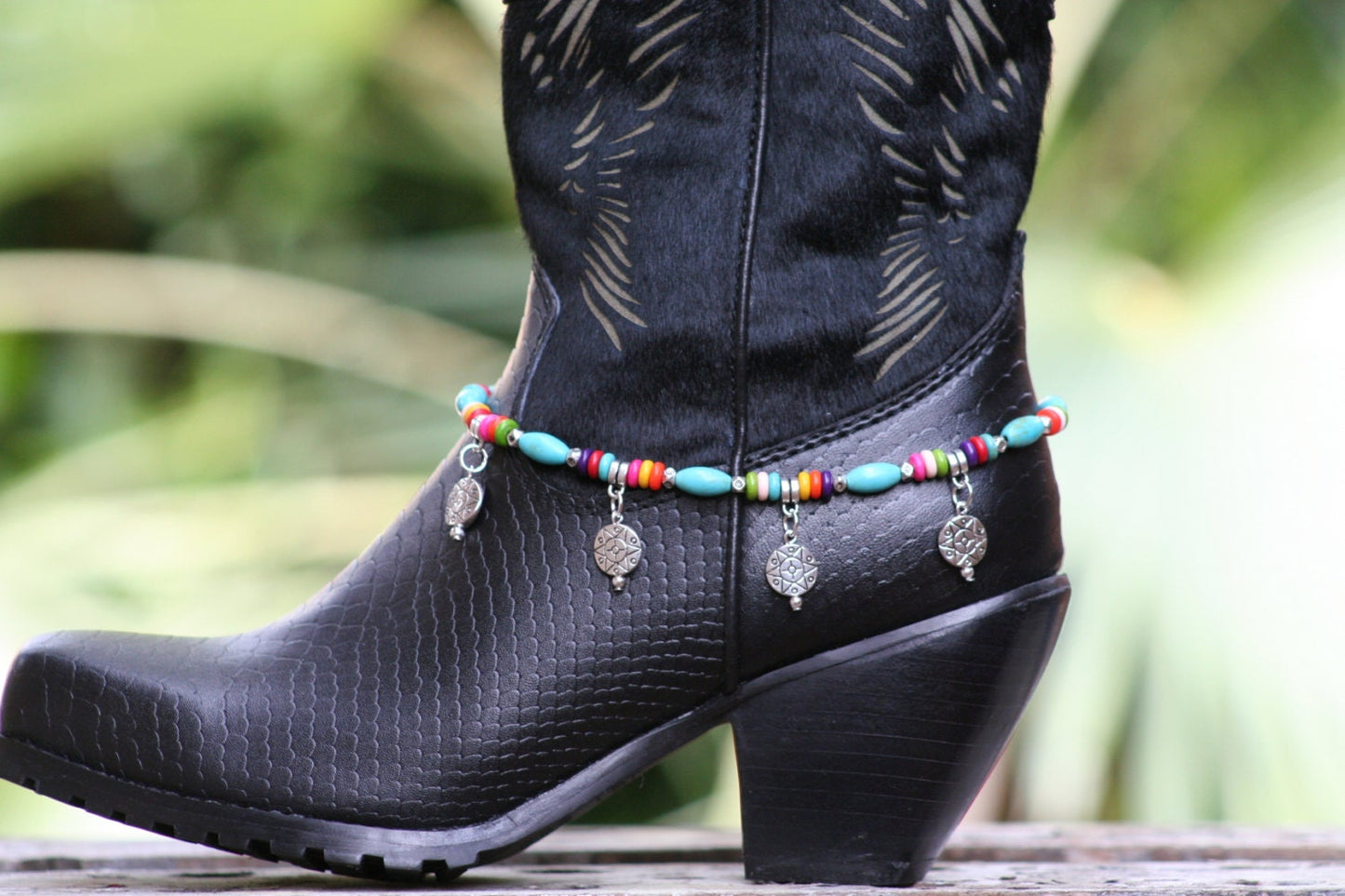 Boot Candy Aztec Inflienced Design Turquoise Beads with Medallions and Multi Colored Accents.