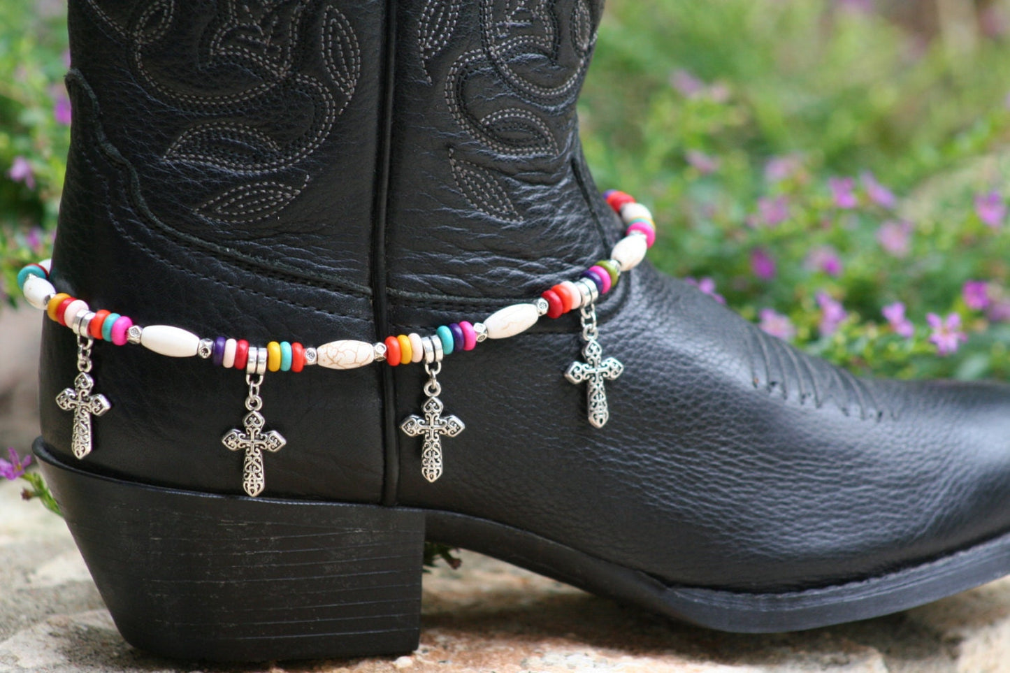 Boot Candy Aztec, White Bead with Multi Colored Accents and Silver Crosses
