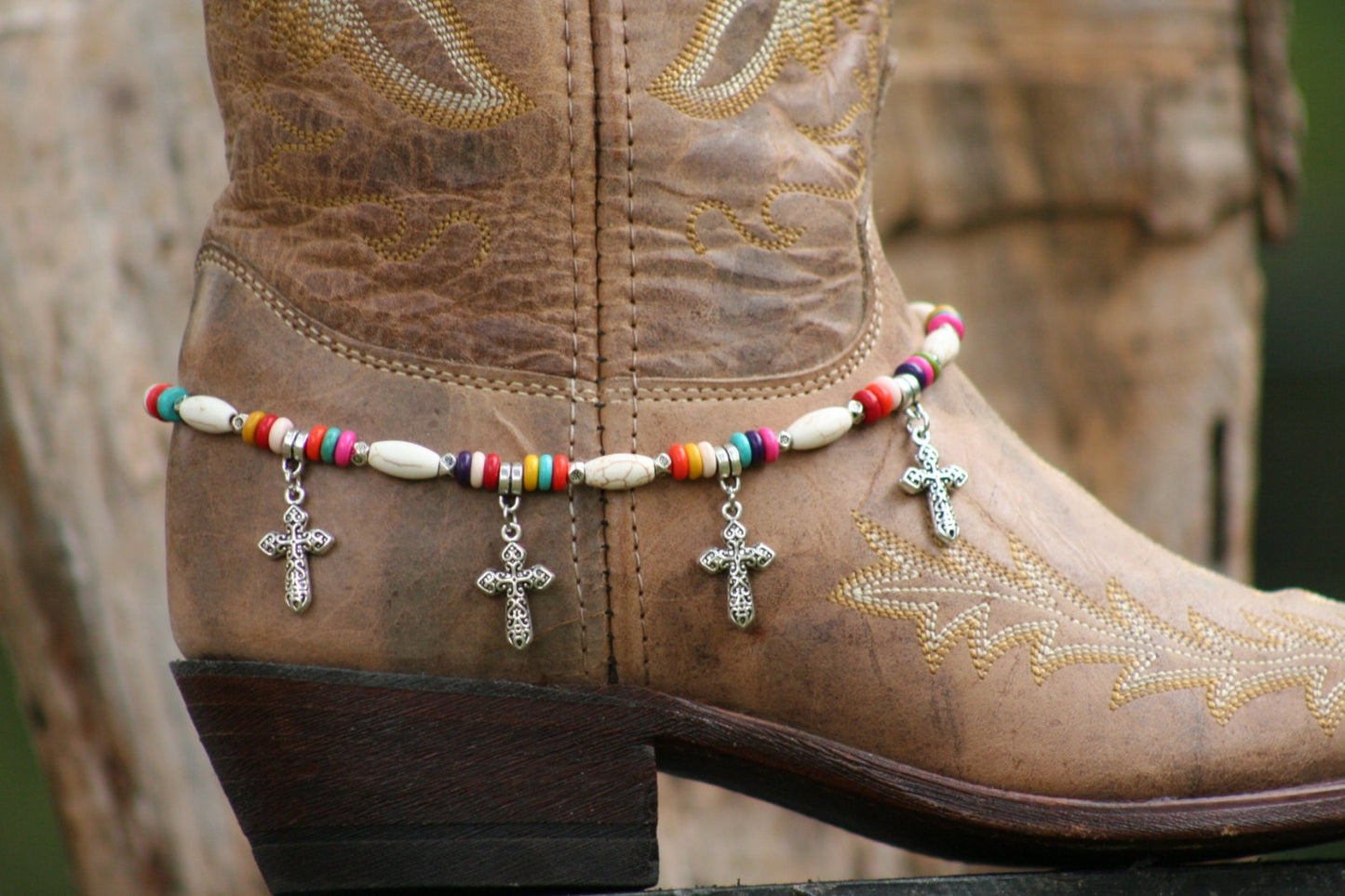 Boot Candy Aztec, White Bead with Multi Colored Accents and Silver Crosses