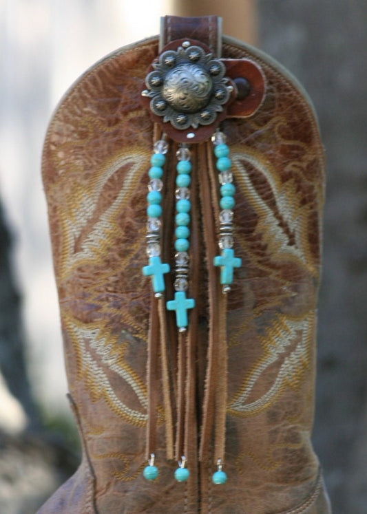 Boot Candy Toppers   Turquoise Crosses and Fringe