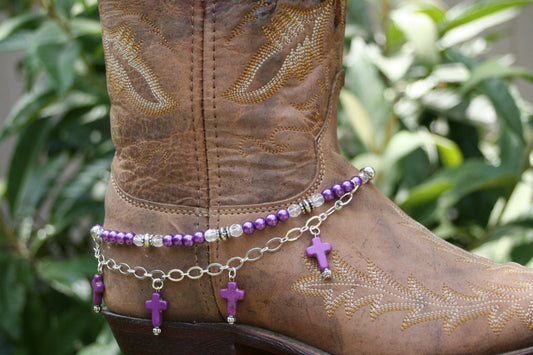 Boot Candy Naturals, Purple Crosses with Chain  608137  Boot Jewelry-Boot Bling-Boot Bracelet-Boot Accessories