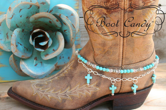 Boot Candy Naturals, Turquoise Crosses with Chain   608133  Boot Jewelry-Boot Bling-Boot Bracelet-Boot Accessories