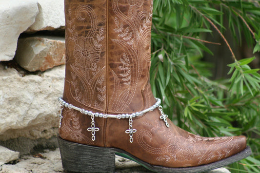 Boot Candy Biker, Gun Metal Pearl and Clear Crystals with Oval Design Crosses  608172 Boot Jewelry-Boot Bling-Boot Bracelet-Boot Accessories