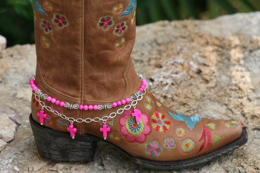 Boot Candy Naturals, Pink Crosses with Chain   608179 Boot Jewelry-Boot Bling-Boot Bracelet-Boot Accessories