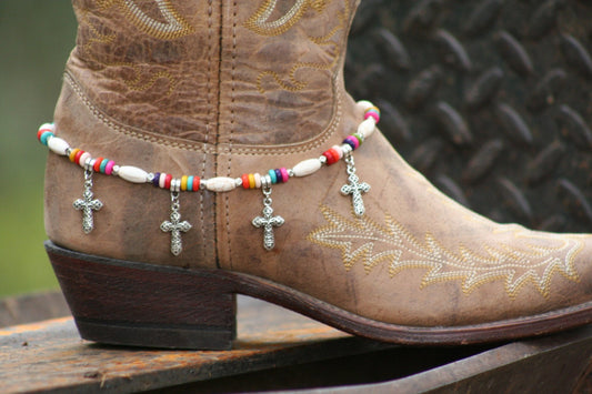 Boot Candy Aztec, White Bead with Multi Colored Accents and Silver Crosses